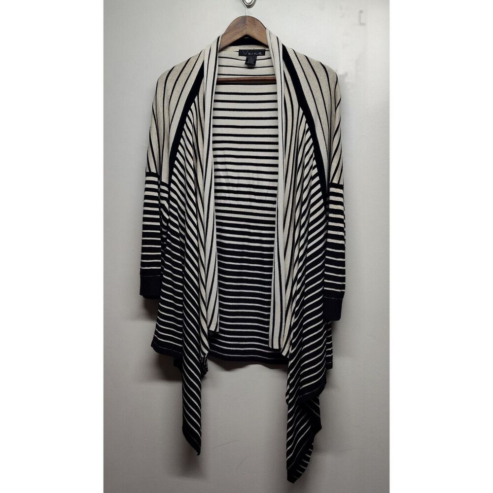Venue Cardigan Sweater Women Size XL Tan Metallic Stripes Open Modest Feminine